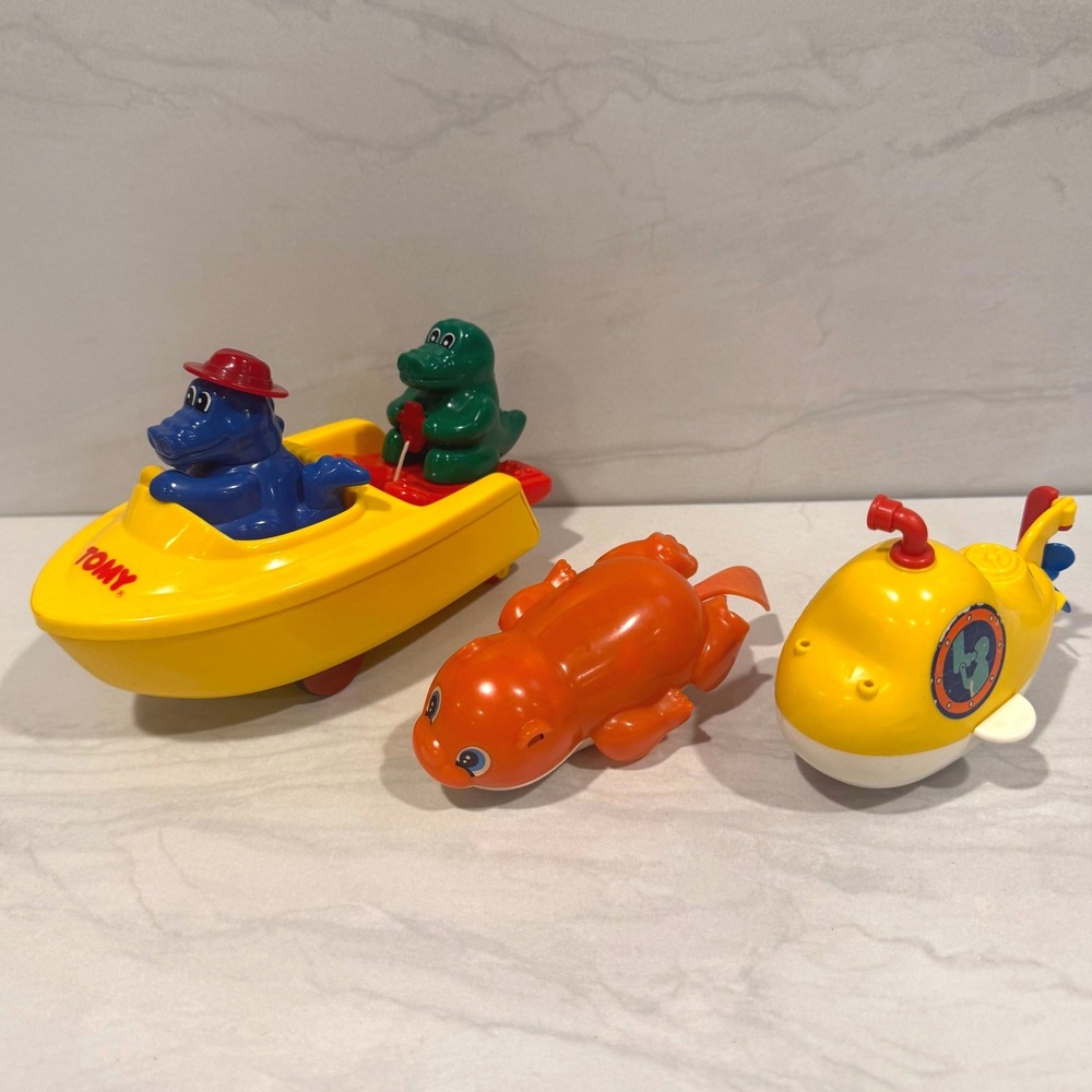 Vintage Tomy Bath Toy‎ Lot of 3 Submarine, Hippo Speed Boat, Beaver Tested WORKS